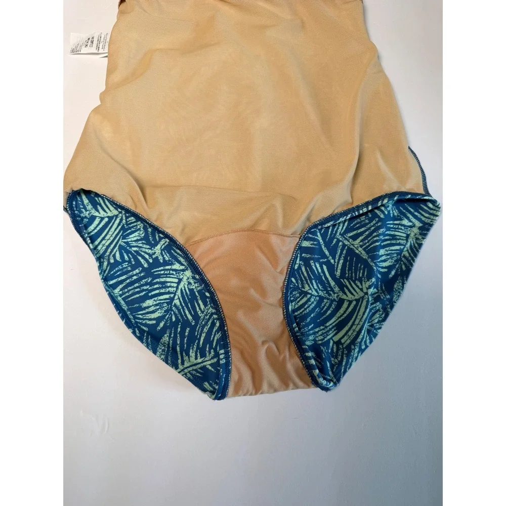 LL Bean Womens Blue Green Tropical Palm Leaf One Piece Swimsuit UPF 50+ Size 8‎